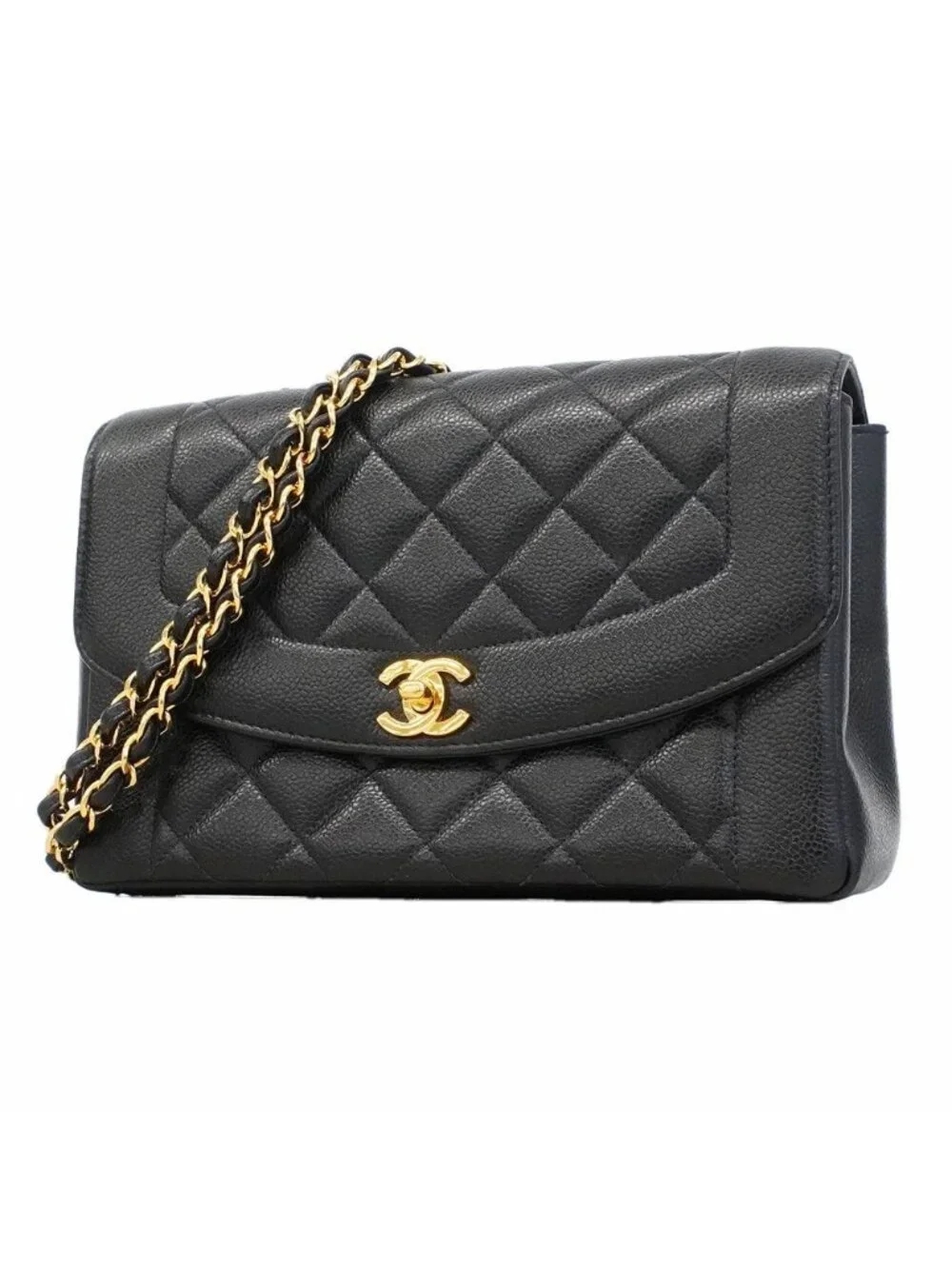 Chanel Shoulder Bag Diana Caviar Leather Black Gold